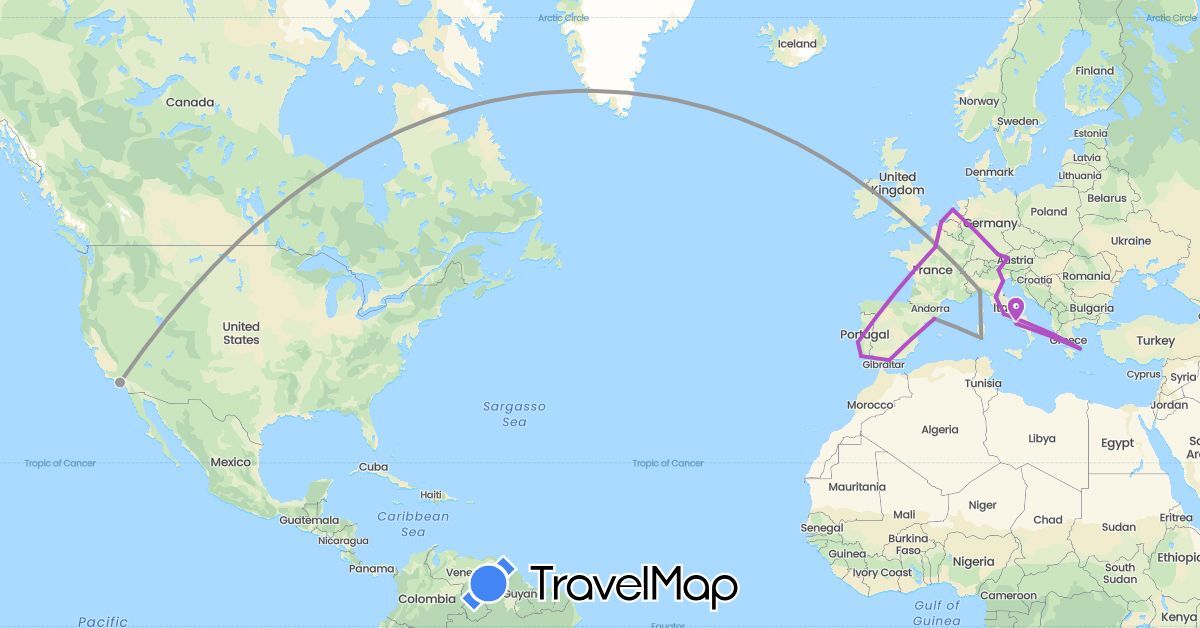 TravelMap itinerary: driving, plane, train in Austria, Belgium, Germany, Spain, France, Greece, Italy, Netherlands, Portugal, United States (Europe, North America)